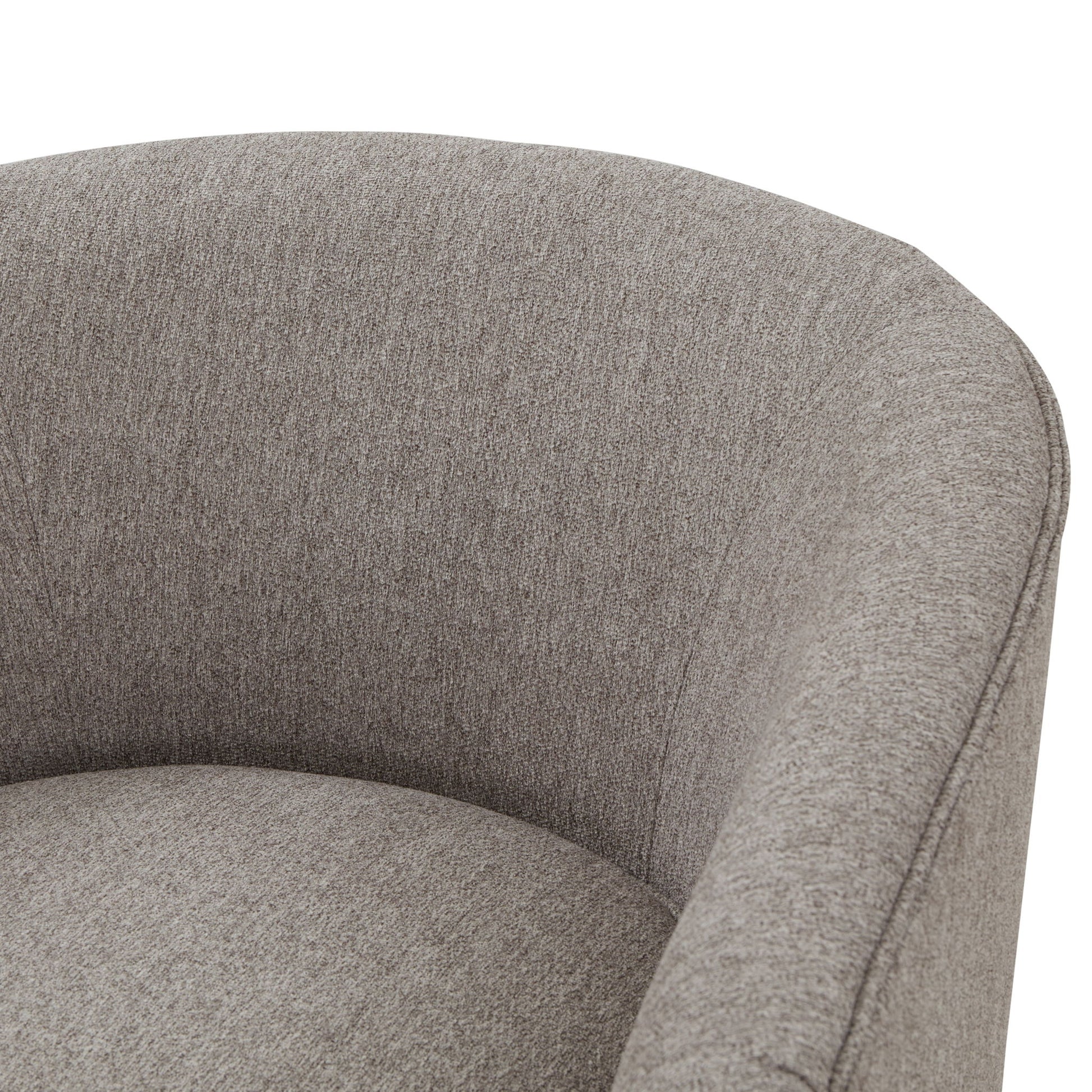 Close-up of the Miramar Swivel Barrel Chair With Wooden Base, featuring modern curved design, light gray upholstery, smooth texture, and a rounded backrest.