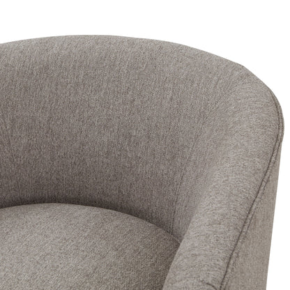 Close-up of the Miramar Swivel Barrel Chair With Wooden Base, featuring modern curved design, light gray upholstery, smooth texture, and a rounded backrest.