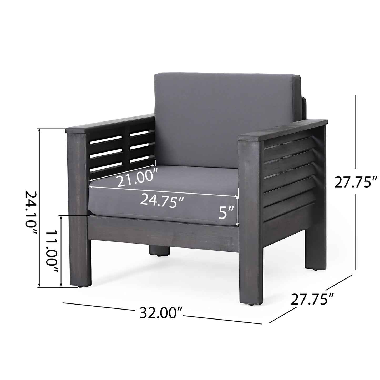 The Slat Design Club Chair features dark wood, gray cushions, and measures 32"W x 27.75"D x 27.75"H with an 11" seat height, 21" seat depth, 24.75" seat width, and 5"-thick cushions—perfect for outdoor comfort.