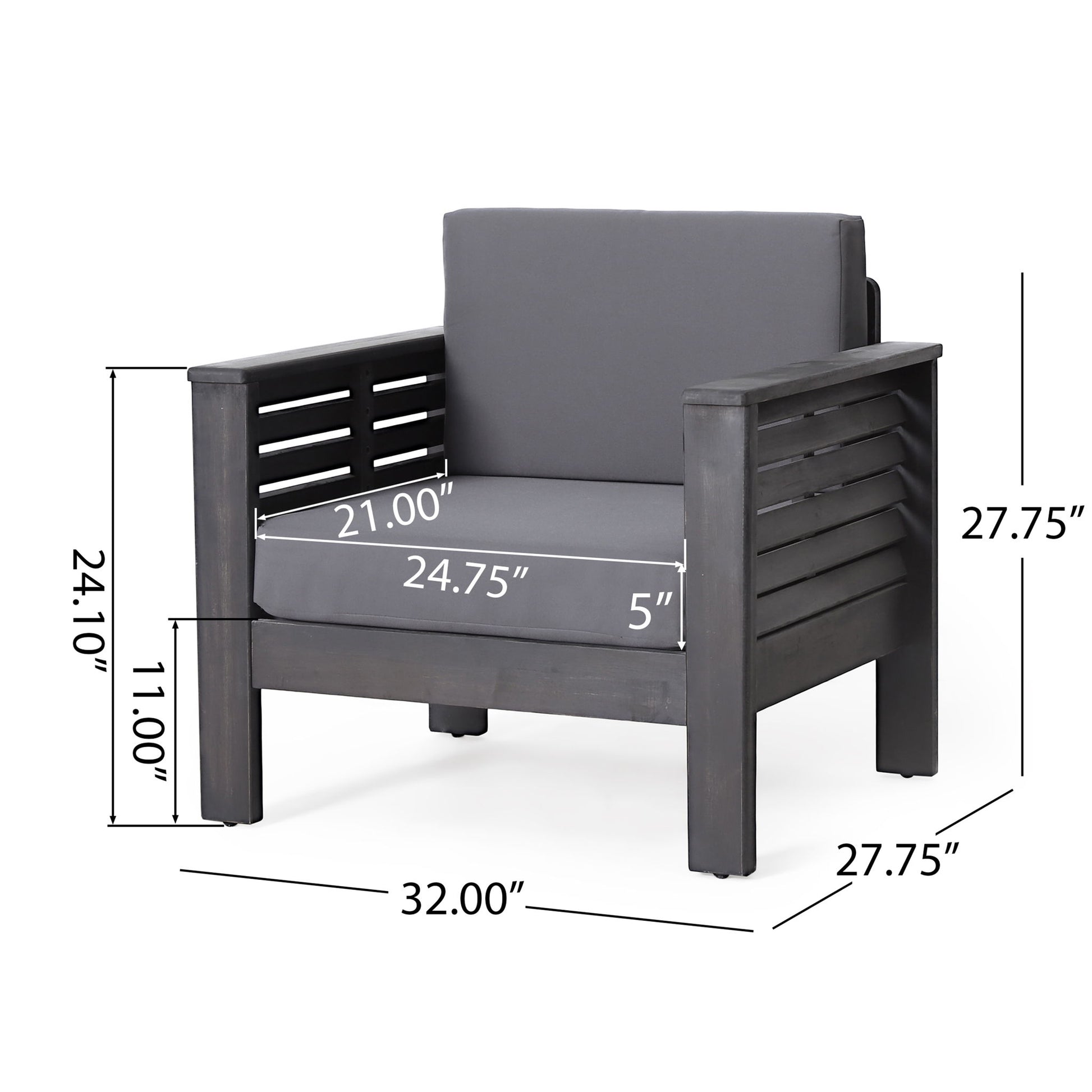 The Slat Design Club Chair features dark wood, gray cushions, and measures 32"W x 27.75"D x 27.75"H with an 11" seat height, 21" seat depth, 24.75" seat width, and 5"-thick cushions—perfect for outdoor comfort.