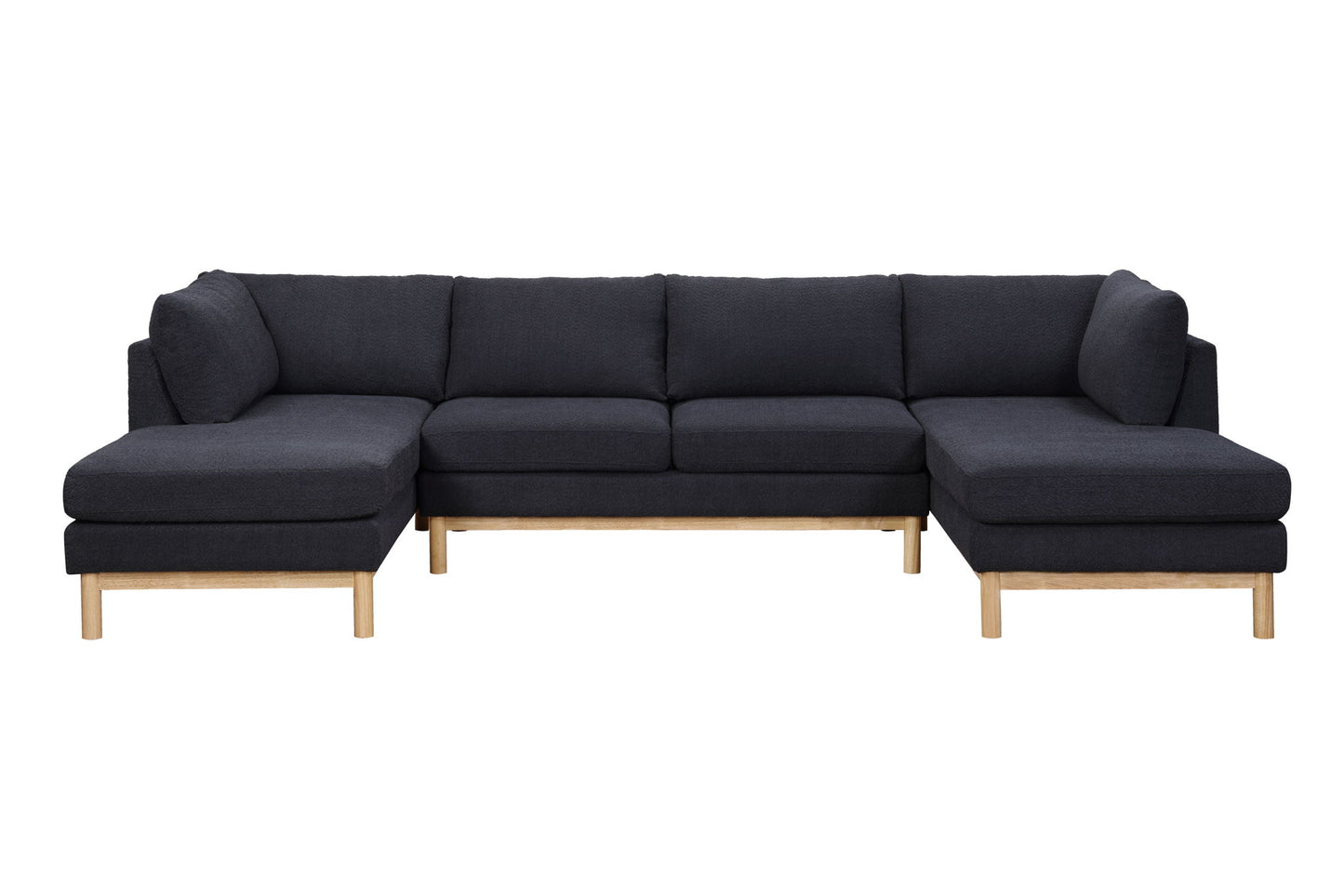 The Hallie Wide Sherpa Double Chaise U-Shape Sectional Sofa is a dark gray piece with wooden legs, plush cushions, and three seat sections, featuring chaise lounges on both ends.