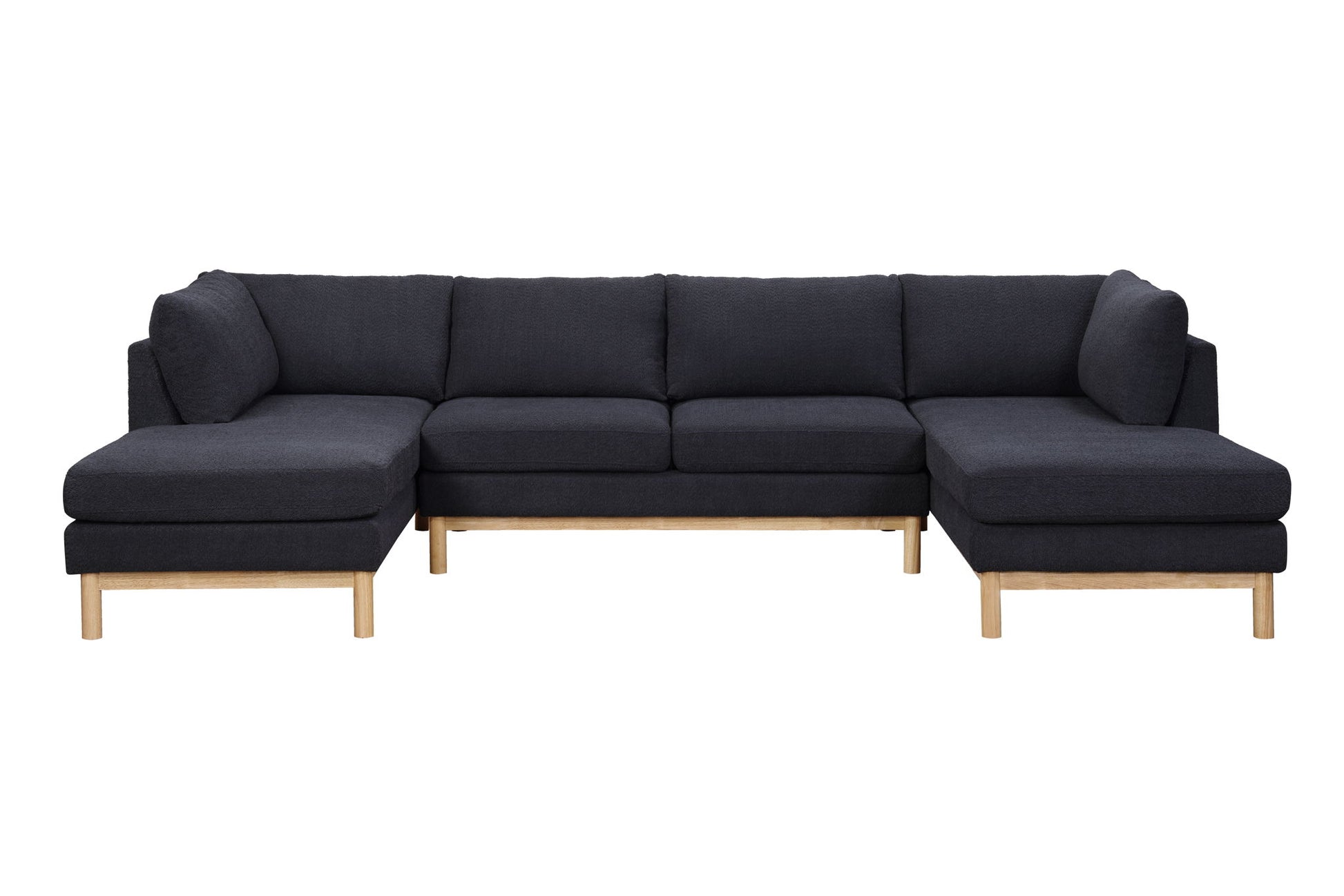 The Hallie Wide Sherpa Double Chaise U-Shape Sectional Sofa is a dark gray piece with wooden legs, plush cushions, and three seat sections, featuring chaise lounges on both ends.