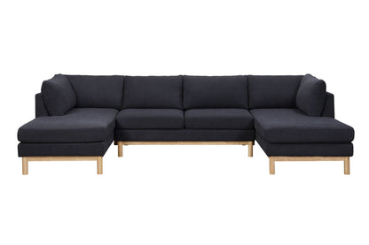 The Hallie Wide Sherpa Double Chaise U-Shape Sectional Sofa is a dark gray piece with wooden legs, plush cushions, and three seat sections, featuring chaise lounges on both ends.