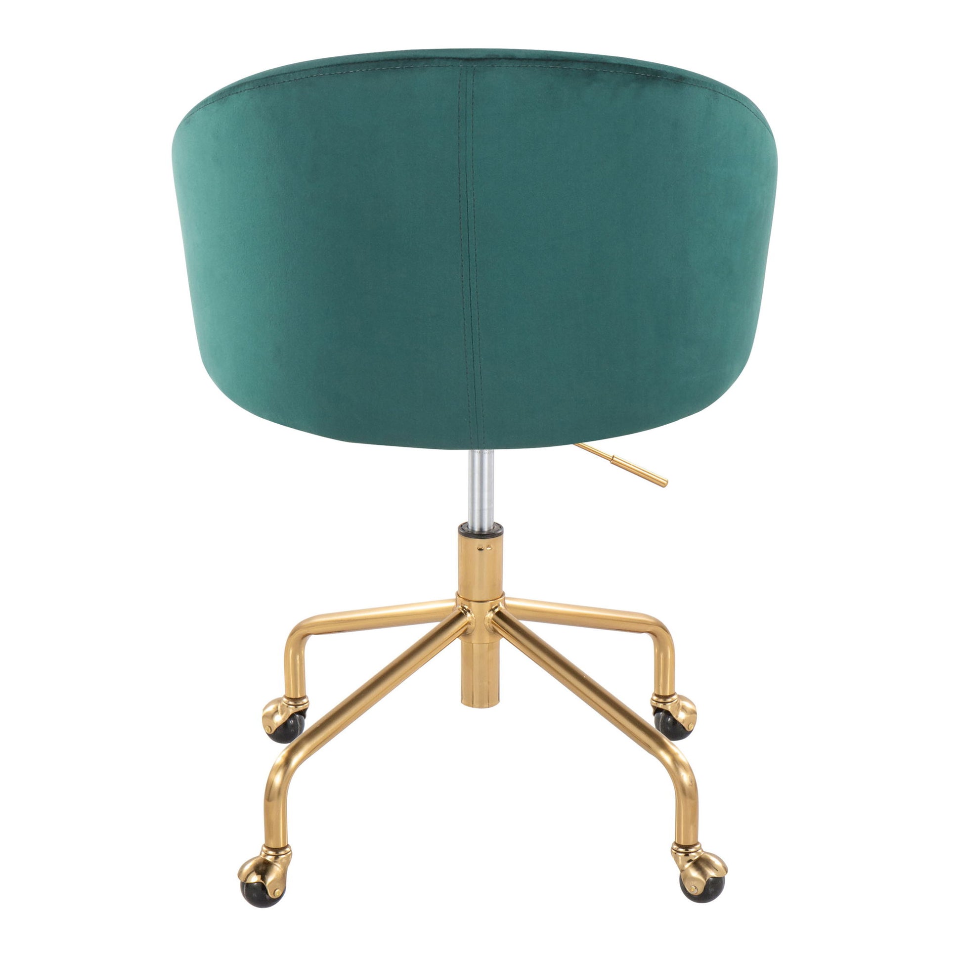 The Claire - Stylish Design Contemporary / Glam Task Chair features green upholstery, a curved backrest, a gold metal base, and five caster wheels, shown from the rear view.