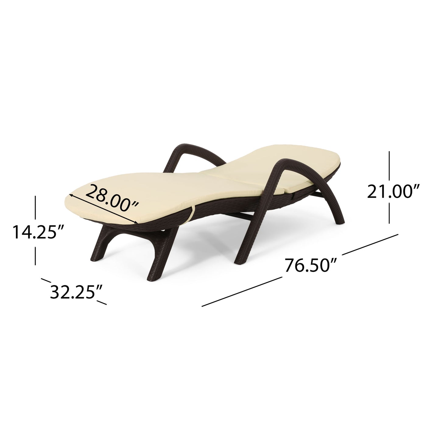 The Mikael - Chaise Lounge With Cushion features a beige cushion, dark curved frame, and is shown angled. Dimensions: height 21", seat height 14.25", width 28", seat width 32.25", overall length 76.5".