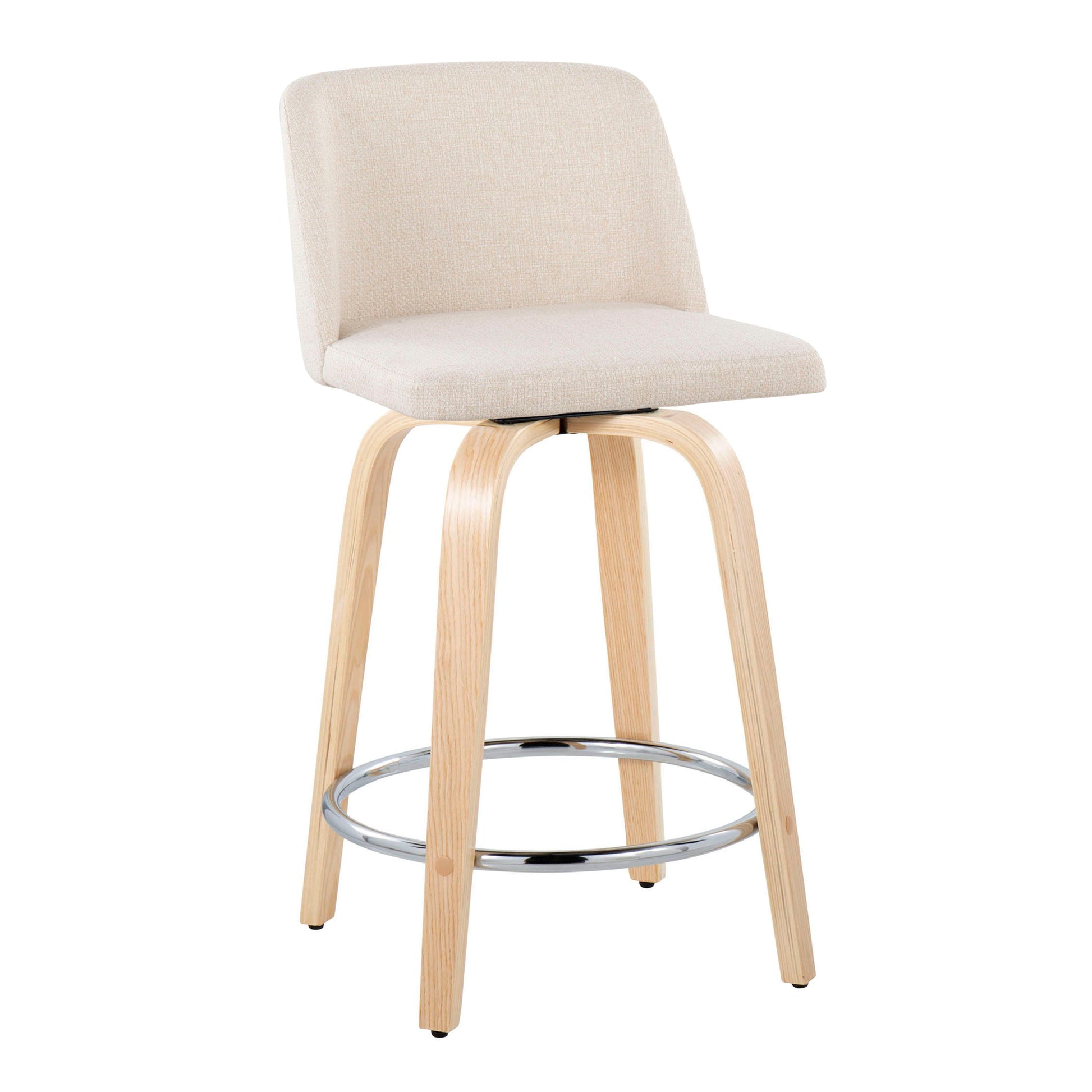 The Toriano Contemporary Fixed Height Counter Stool set features light wood legs, a round metal footrest, and cushioned seats and backrests upholstered in light beige fabric. Set of 2 with swivel functionality.