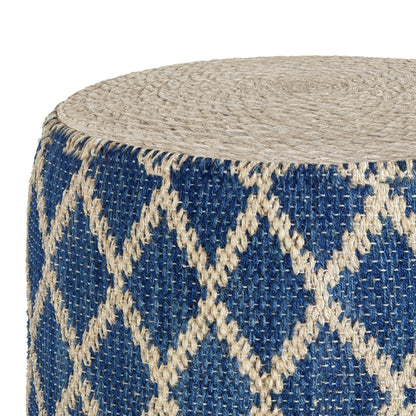 The Edgeley Handcrafted Round Pouf features a tightly woven beige top and a blue and beige crisscross diamond pattern.