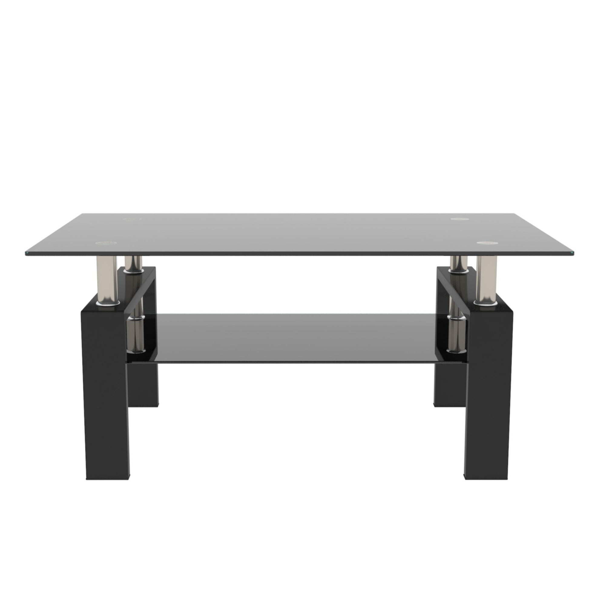 The Rectangle Coffee Table features a modern design with black legs, a clear glass top, metal supports, and a lower glass shelf—perfect as a side or center table for contemporary furniture.