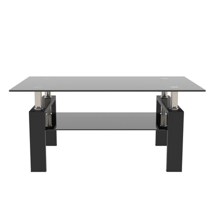 The Rectangle Coffee Table features a modern design with black legs, a clear glass top, metal supports, and a lower glass shelf—perfect as a side or center table for contemporary furniture.