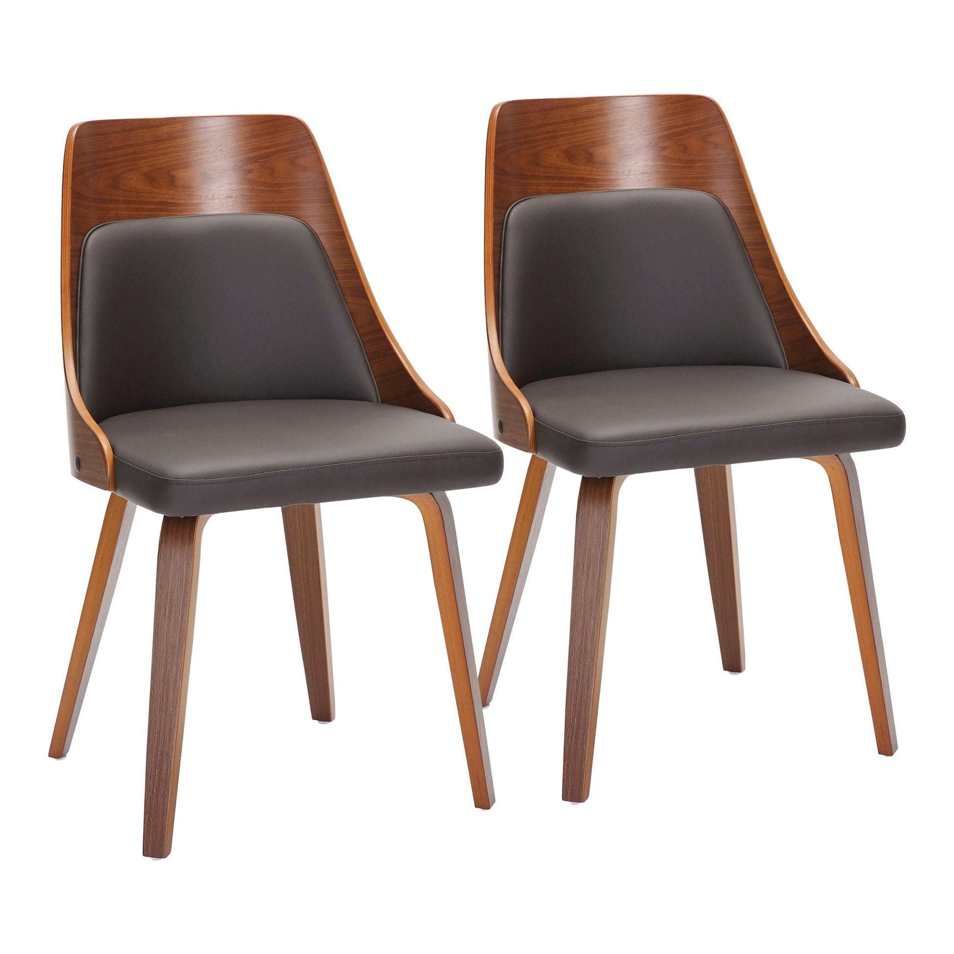 The Anabelle Mid-Century Modern Dining Chairs (Set of 2) feature curved wooden frames, dark brown cushioned seats and backs, and angled wooden legs, shown side by side on a white background.