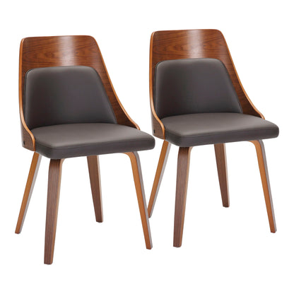 The Anabelle Mid-Century Modern Dining Chairs (Set of 2) feature curved wooden frames, dark brown cushioned seats and backs, and angled wooden legs, shown side by side on a white background.