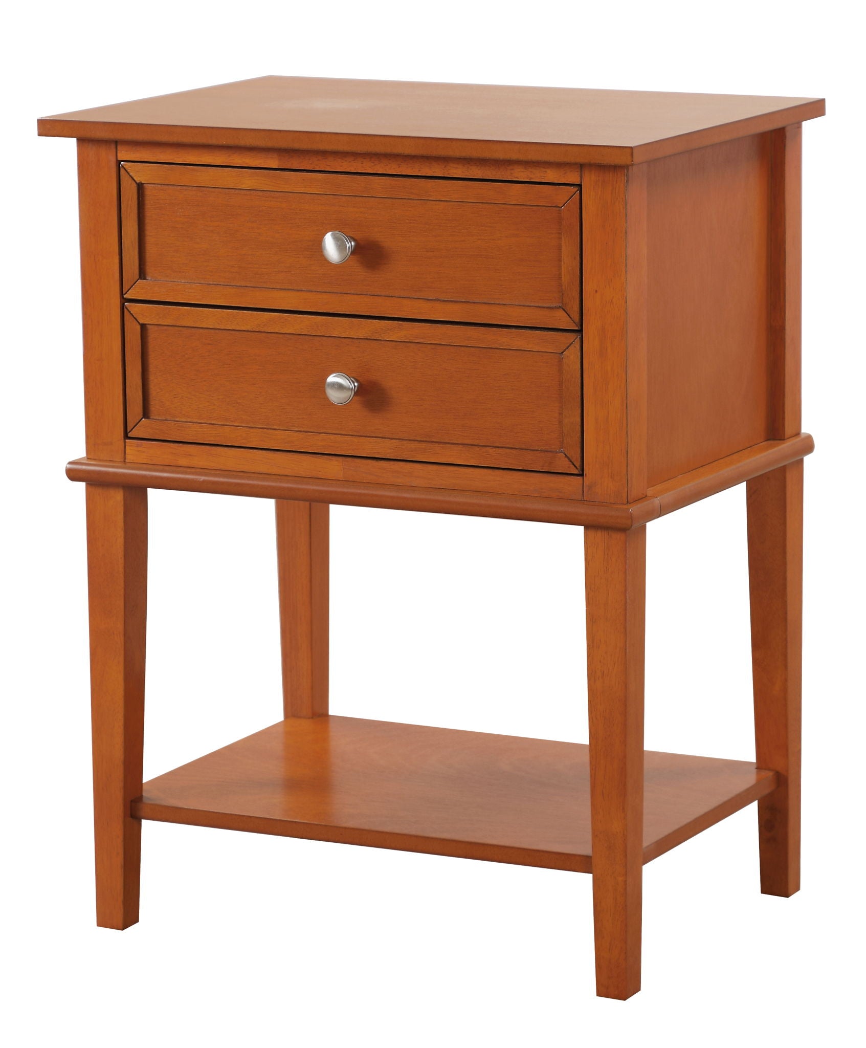 The Vibrant Contemporary Nightstand features two drawers with silver knobs, four legs, a lower open shelf, and a warm brown finish in a simple classic style.