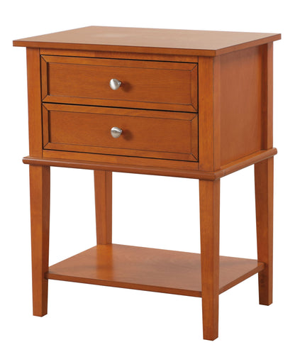 The Vibrant Contemporary Nightstand features two drawers with silver knobs, four legs, a lower open shelf, and a warm brown finish in a simple classic style.