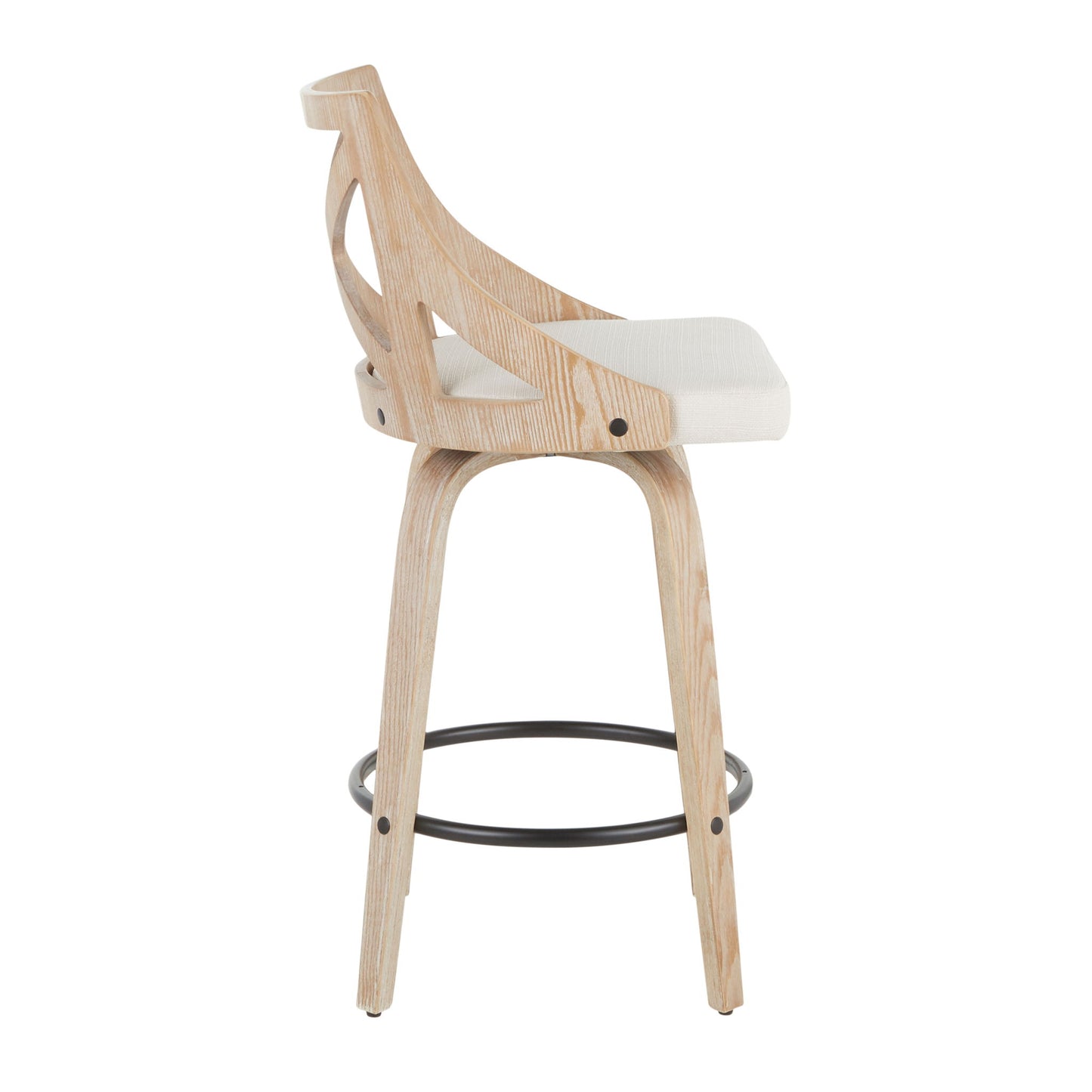 Side view of the Charlotte Farmhouse Fixed Height Counter Stool with swivel, featuring a curved backrest, white washed wood finish, cream cushioned seat, and circular black metal footrest (set of 2).