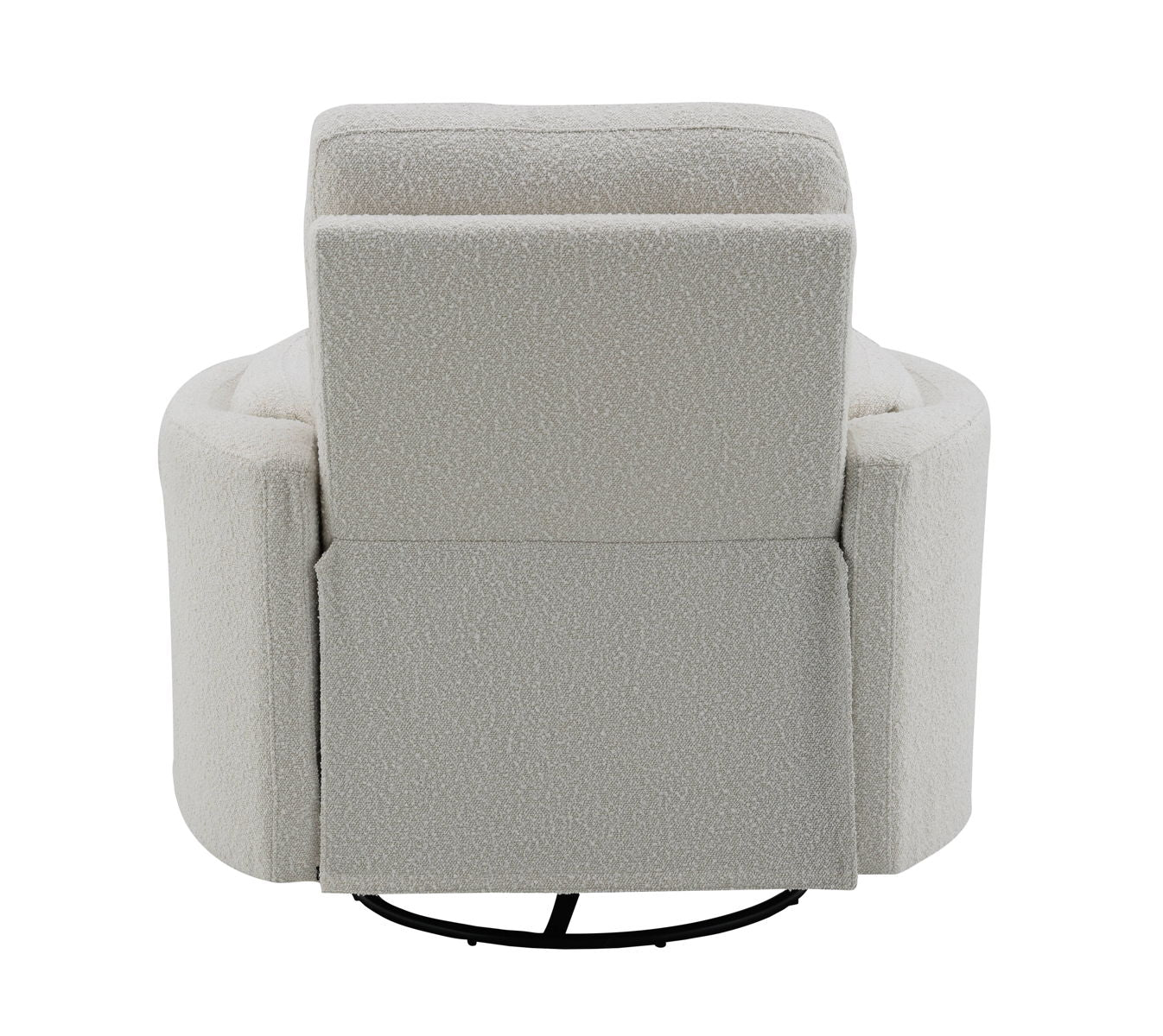 The Sagen Chenille Glider Recliner with Swivel features a light gray, fabric-covered back view, boasting a plush texture and sturdy rounded base, ideal for living rooms or offices.