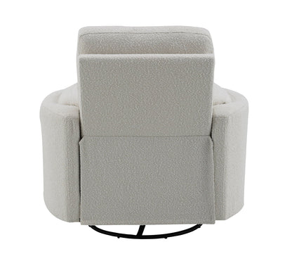 The Sagen Chenille Glider Recliner with Swivel features a light gray, fabric-covered back view, boasting a plush texture and sturdy rounded base, ideal for living rooms or offices.