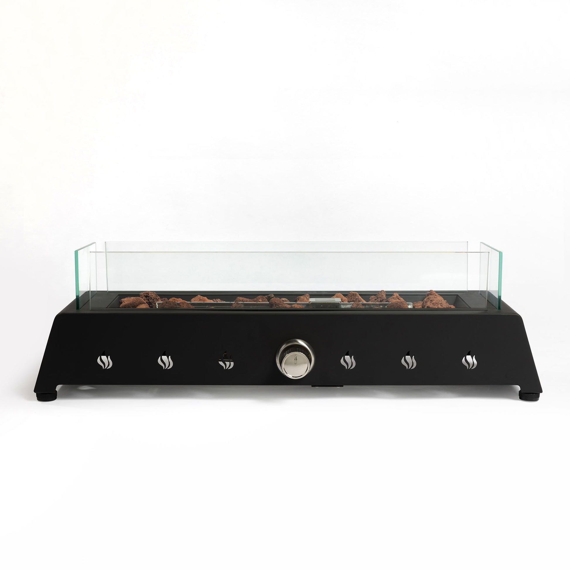 The 28" Tabletop Fire Pit features a black base, glass wind guard, central control knob, and lava rocks. This portable propane fire pit includes a quick connect joint for easy outdoor setup.