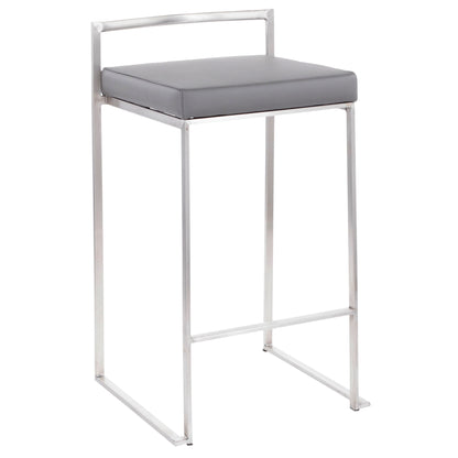 The Fuji - Elegant Design Contemporary Stackable Counter Stool features a minimalist metal frame, a square cushioned gray seat, and a low horizontal back support bar for modern style.