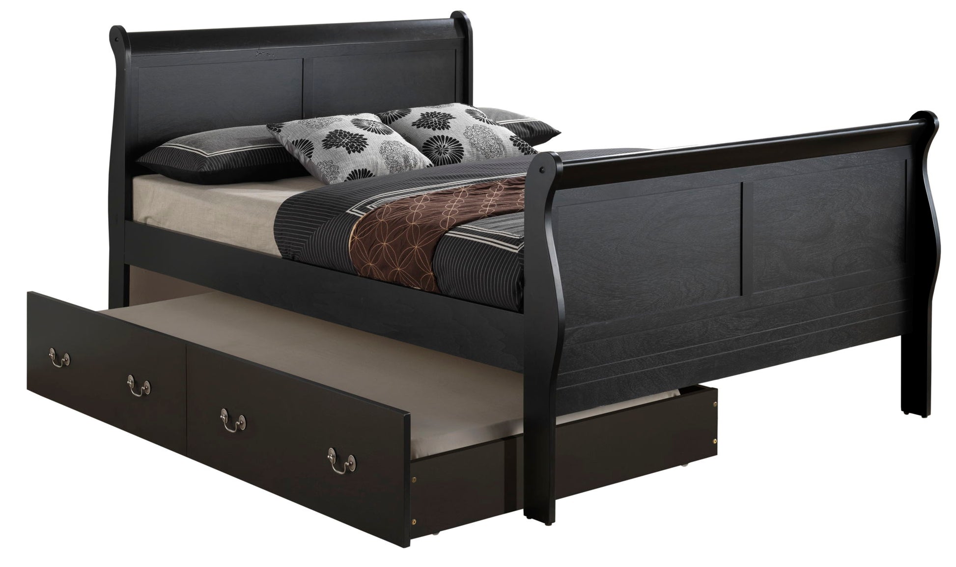 The Elegant Trundle Bed With Timeless Charm, a dark wood sleigh bed with bedding and pillows, features an open under-bed storage drawer with handles and is displayed against a white background.