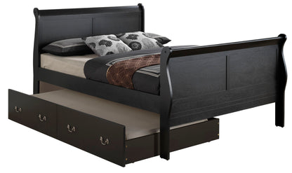 The Elegant Trundle Bed With Timeless Charm, a dark wood sleigh bed with bedding and pillows, features an open under-bed storage drawer with handles and is displayed against a white background.