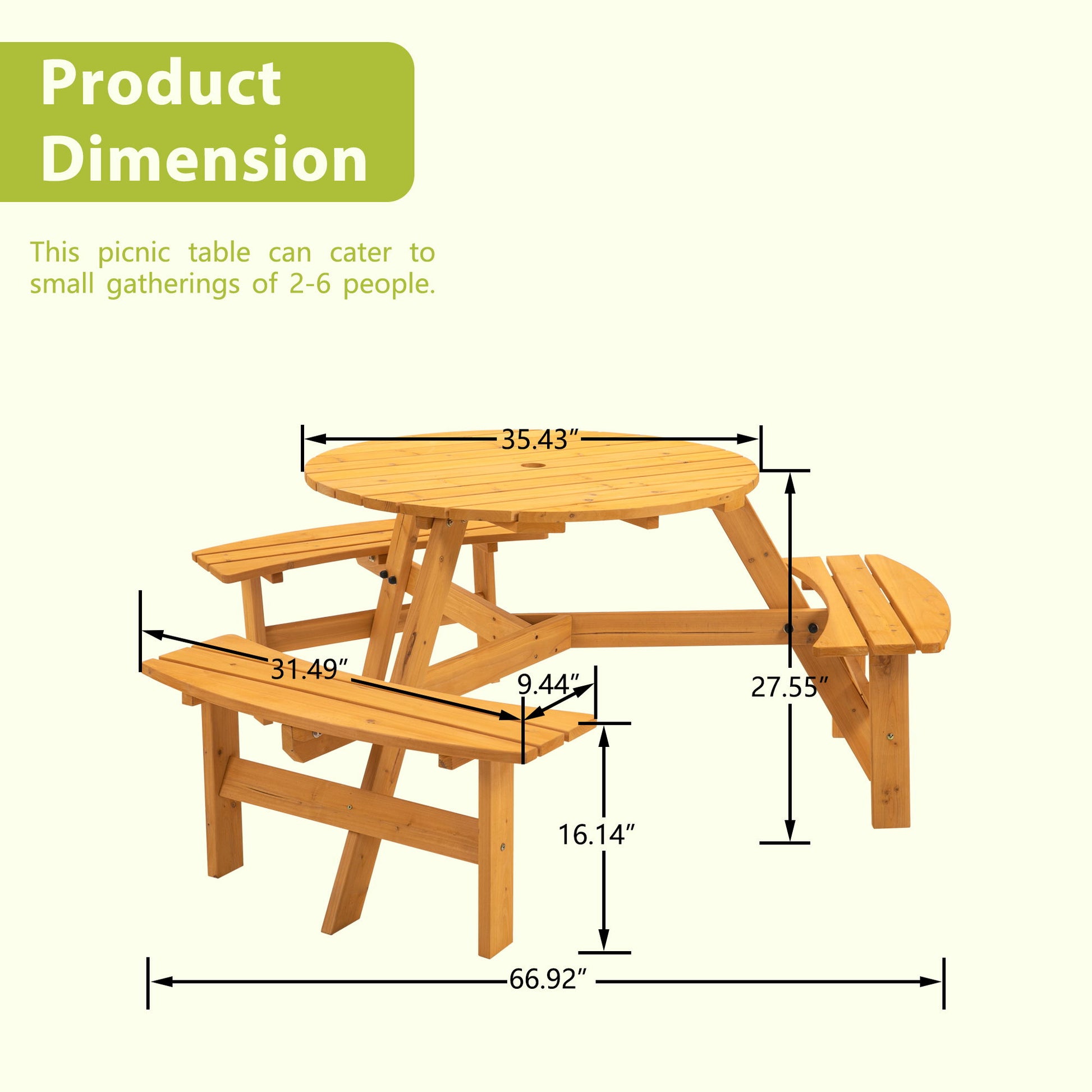 The 6 Person Circular Outdoor Wooden Picnic Table features a 35.43" tabletop, three 31.49" benches (16.14" high), stands 27.55" tall, is 66.92" wide, seats 2-6 people, and supports up to 1720 lbs—perfect for patios and gardens.