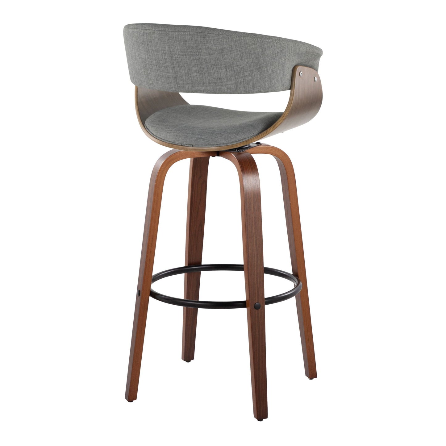 The Vintage Mod Mid Century Modern Barstool (Set of 2) features a curved wooden frame, four angled legs, gray cushioned seat and backrest, swivel function, and a round black metal footrest for style and comfort.