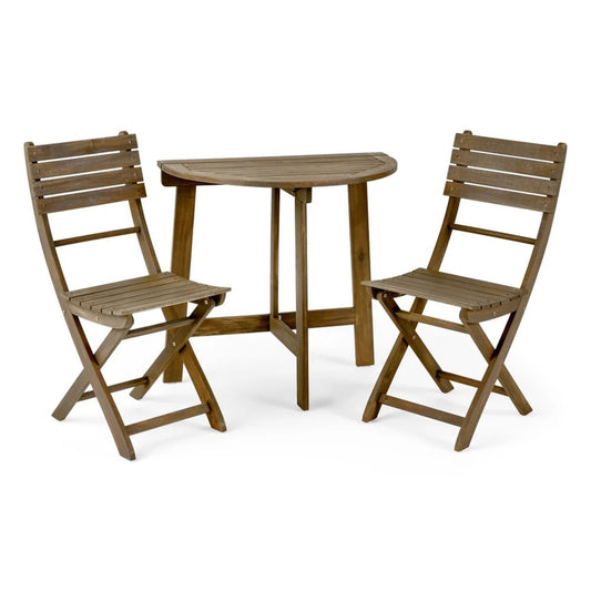 The Outdoor 3 Piece Half Round Folding Bistro Set features two slatted folding chairs and a matching half-round table in a natural brown finish, displayed on a white background.
