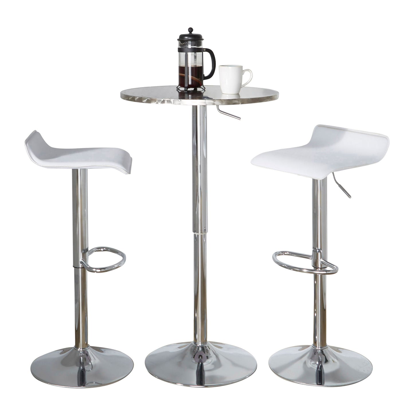 The Ale 3 Piece Bar Set features a contemporary round high-top table with two white bar stools with chrome bases and oval footrests. On the table are a French press coffee maker and a white mug.