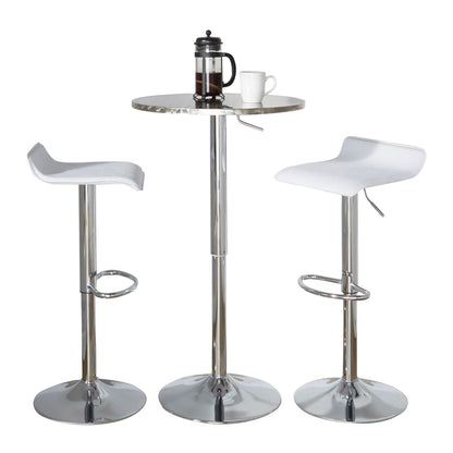 The Ale 3 Piece Bar Set features a contemporary round high-top table with two white bar stools with chrome bases and oval footrests. On the table are a French press coffee maker and a white mug.