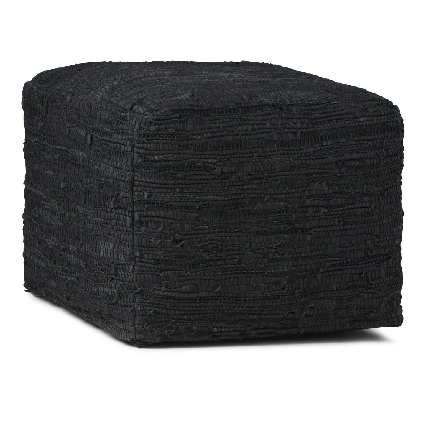 The Fredrik - Handcrafted Square Pouf is black, square-shaped with a textured surface and slightly rounded corners, displayed against a white background.