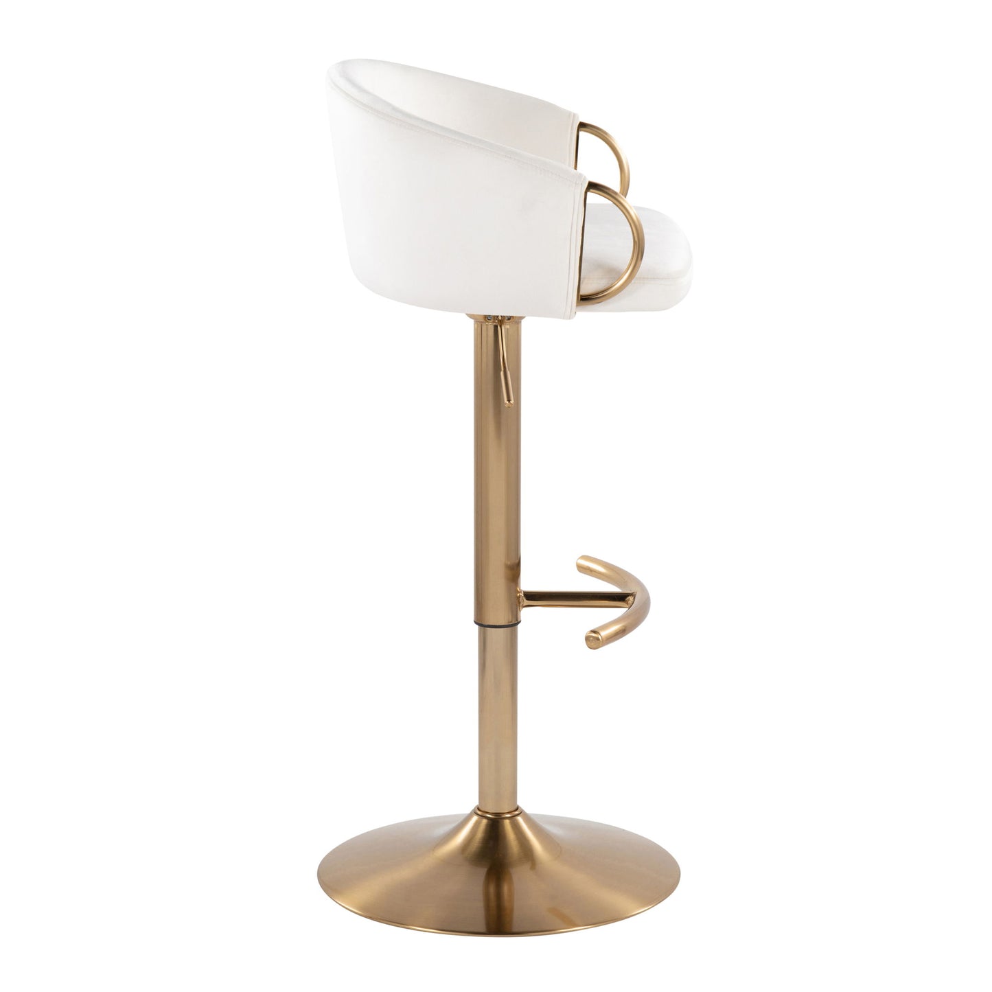 Claire - Contemporary / Glam Adjustable Bar Stool (Set of 2) features a white cushioned seat, gold frame, curved backrest, circular footrest, and round gold pedestal base, shown from the side against a plain white background.