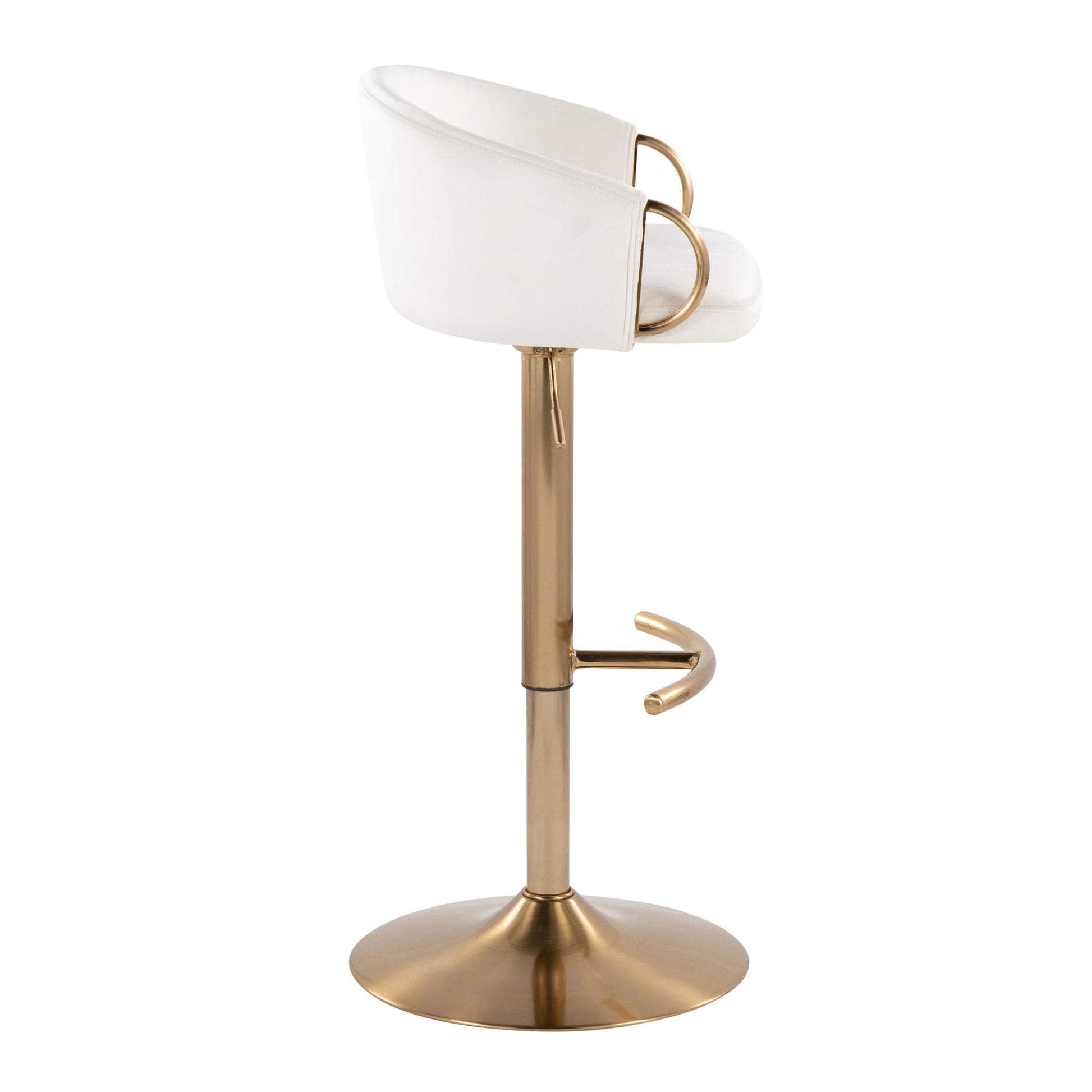 Claire - Contemporary / Glam Adjustable Bar Stool (Set of 2) features a white cushioned seat, gold frame, curved backrest, circular footrest, and round gold pedestal base, shown from the side against a plain white background.
