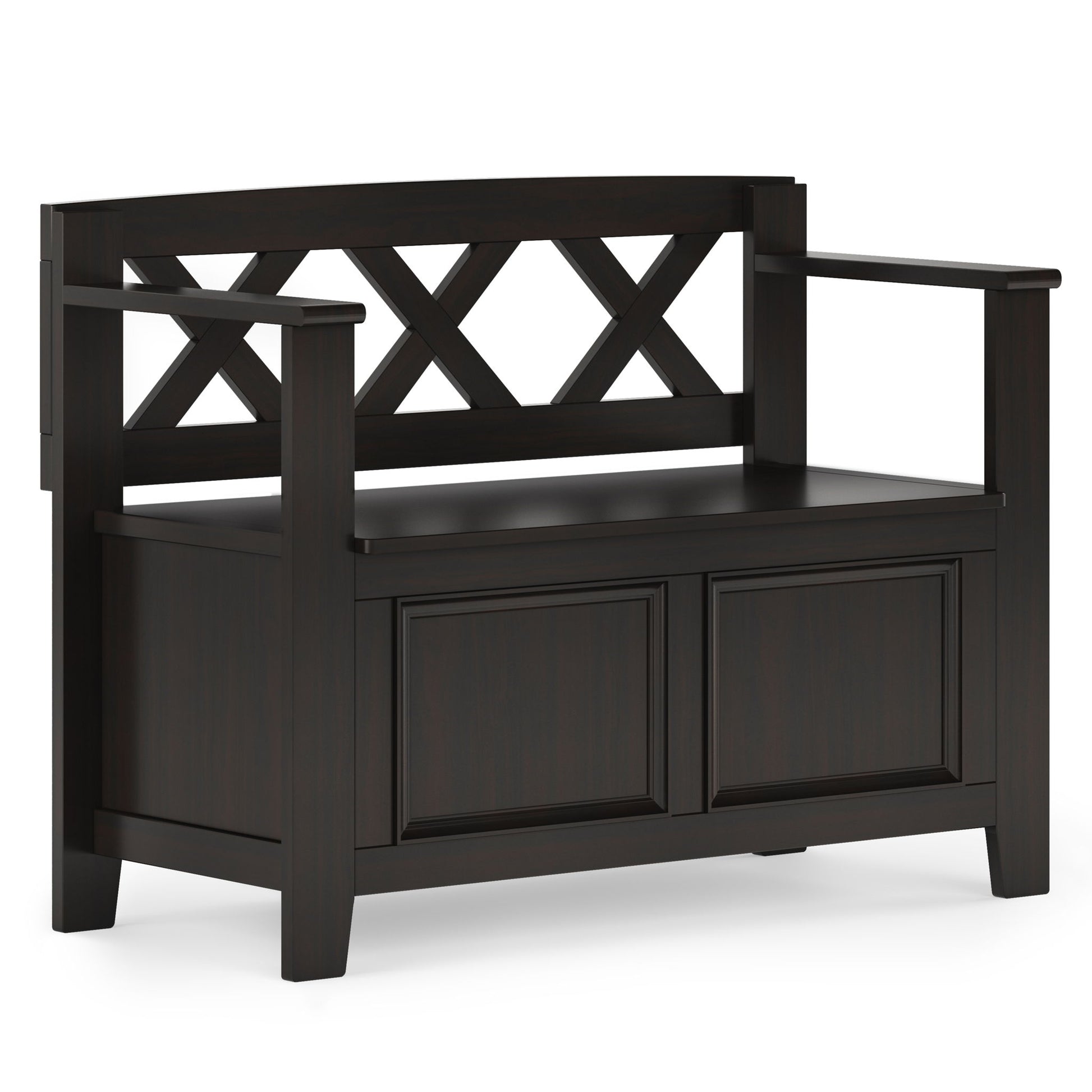 The Amherst Small Transitional Entryway Storage Bench features a dark wood finish, a decorative X-backrest, armrests on both sides, and a storage compartment under the seat.