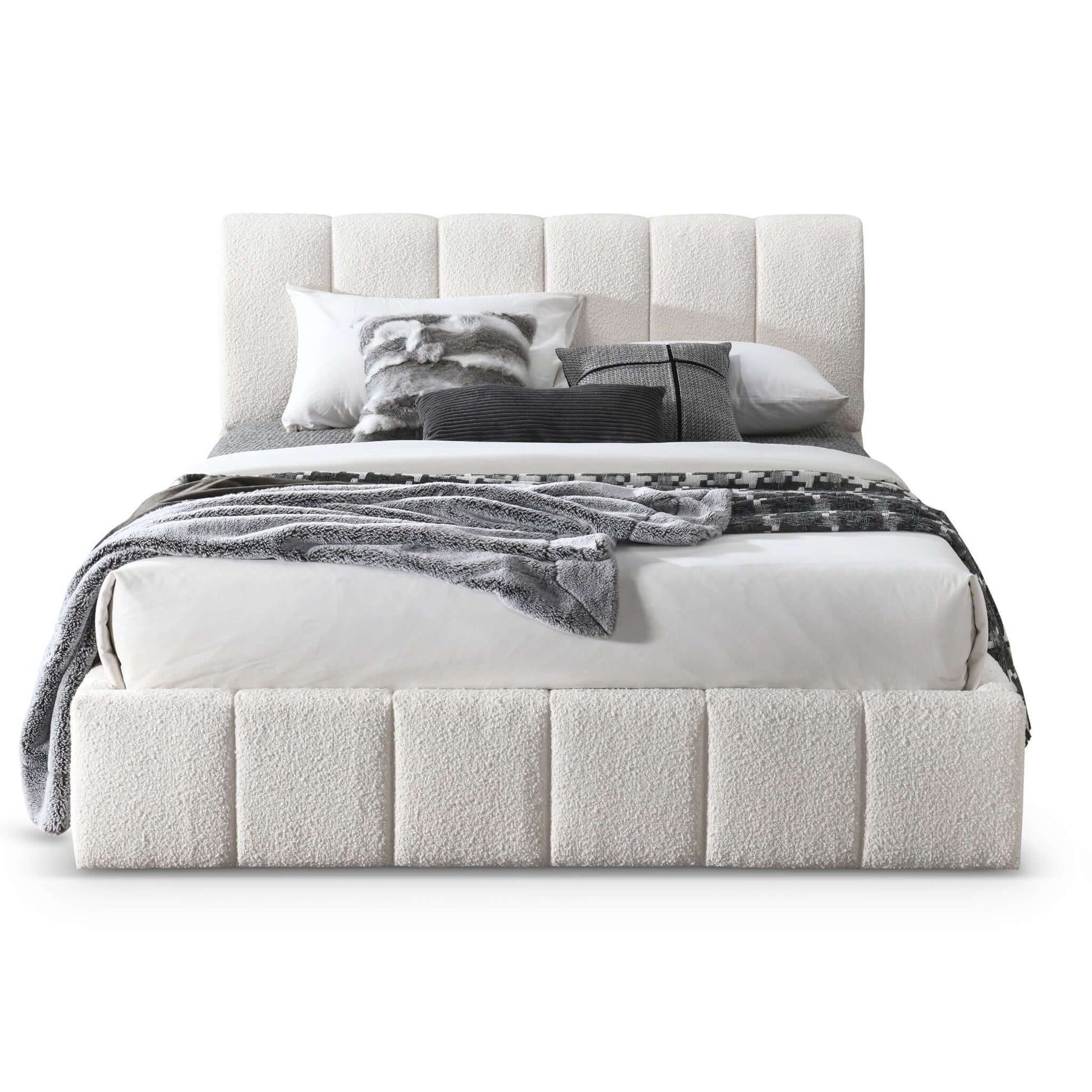 The Hilar - Elegant Design Platform Bed features a tall white tufted headboard, matching footboard and base, styled with white bedding, gray pillows, and a gray patterned throw blanket draped at the foot.