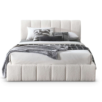The Hilar - Elegant Design Platform Bed features a tall white tufted headboard, matching footboard and base, styled with white bedding, gray pillows, and a gray patterned throw blanket draped at the foot.