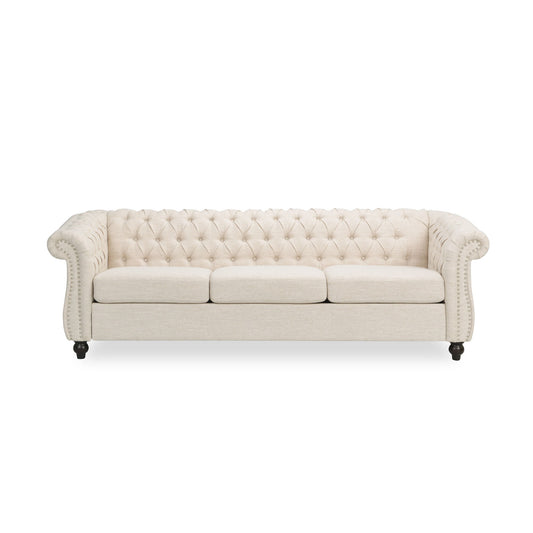 Chesterfield Style 3 Seater Sofa With Deep Button Tufting - Beige