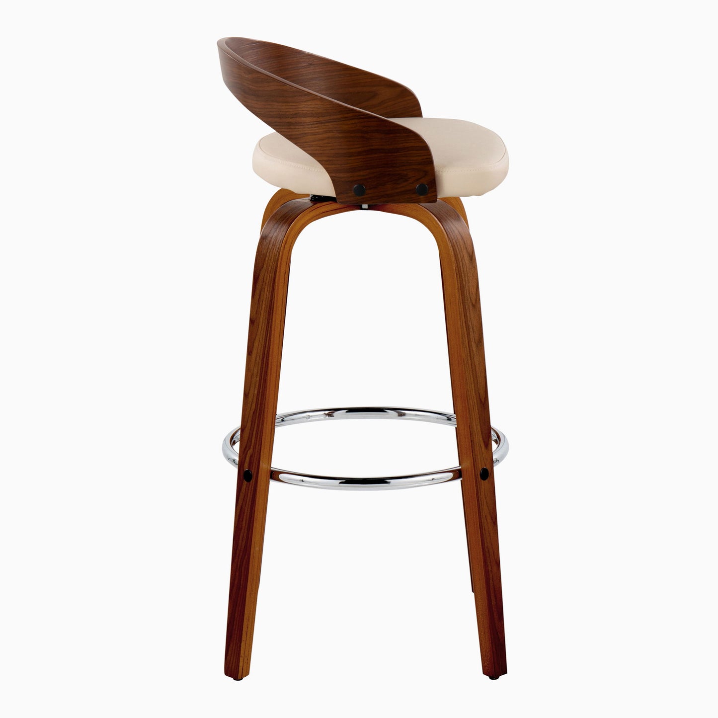 The Grotto Contemporary Fixed Height Barstool with swivel and round footrest features a modern wooden design, curved backrest, light beige cushioned seat, and is shown against a plain white background. Sold as a set of 2.