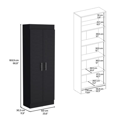 The Clinton Pantry Cabinet Kitchen Storage in black features two doors with silver handles. Shown beside a line drawing with shelf details, it measures 169.9 cm high, 60 cm wide, and 30.3 cm deep (also shown in inches).