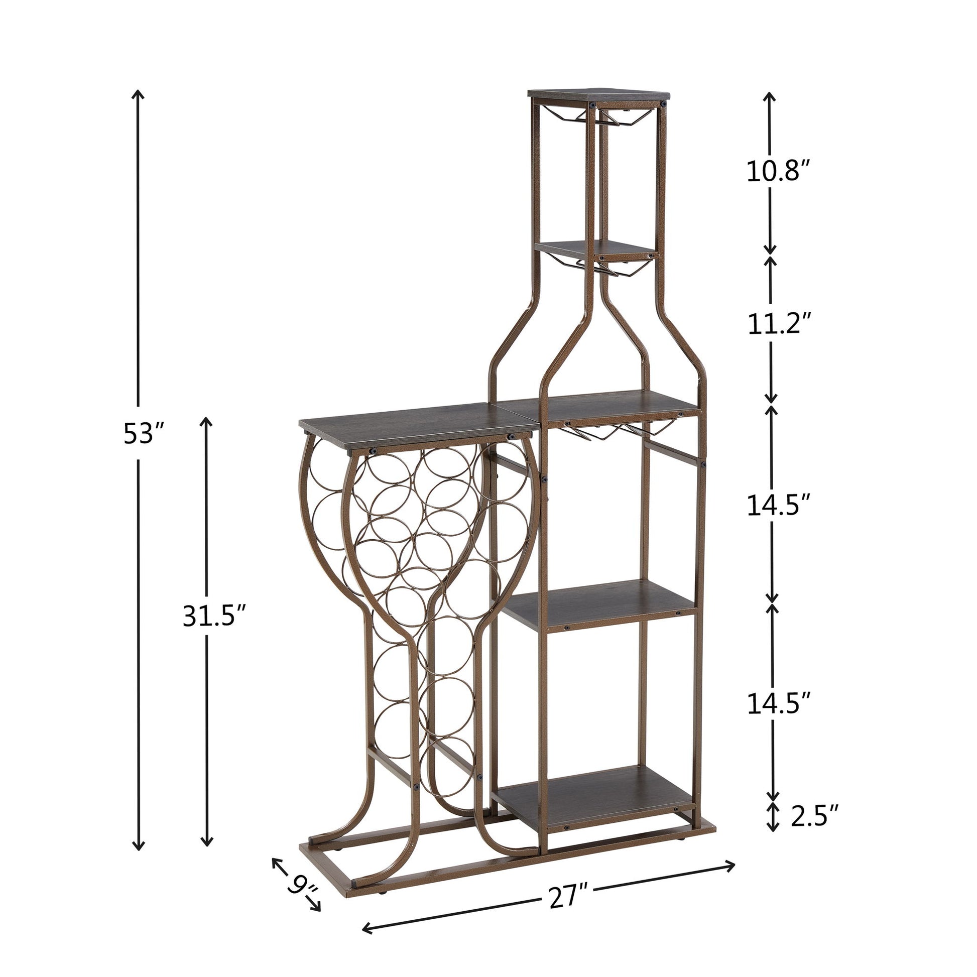 The 11 Bottle Wine Bakers Rack is a 5-tier freestanding wine rack with hanging glass holder and storage shelves, perfect for kitchen or dining room. It measures 53"H x 27"W x 9.2"D, offering ample space for bottles and bar storage.