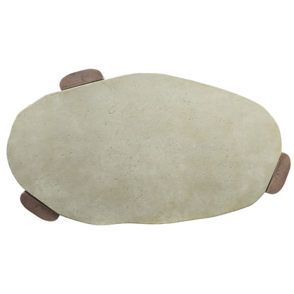 An irregularly shaped, off-white Dayana coffee table with two oak handles on opposite sides, viewed from above on a white background.