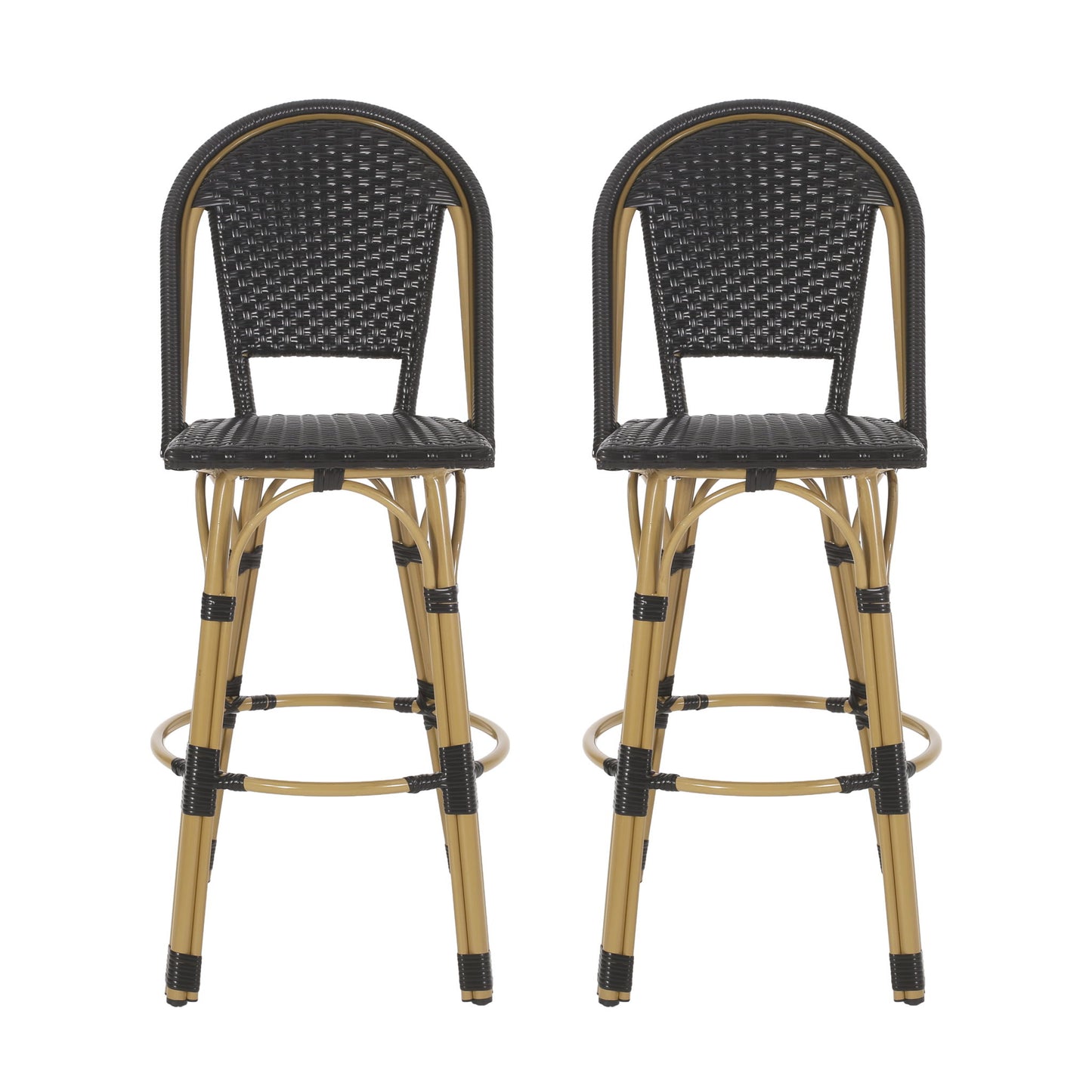 A set of two Outdoor Rattan And Aluminum French Barstools with woven black seats, tan bamboo-style legs, and round footrests are placed side by side against a white background.