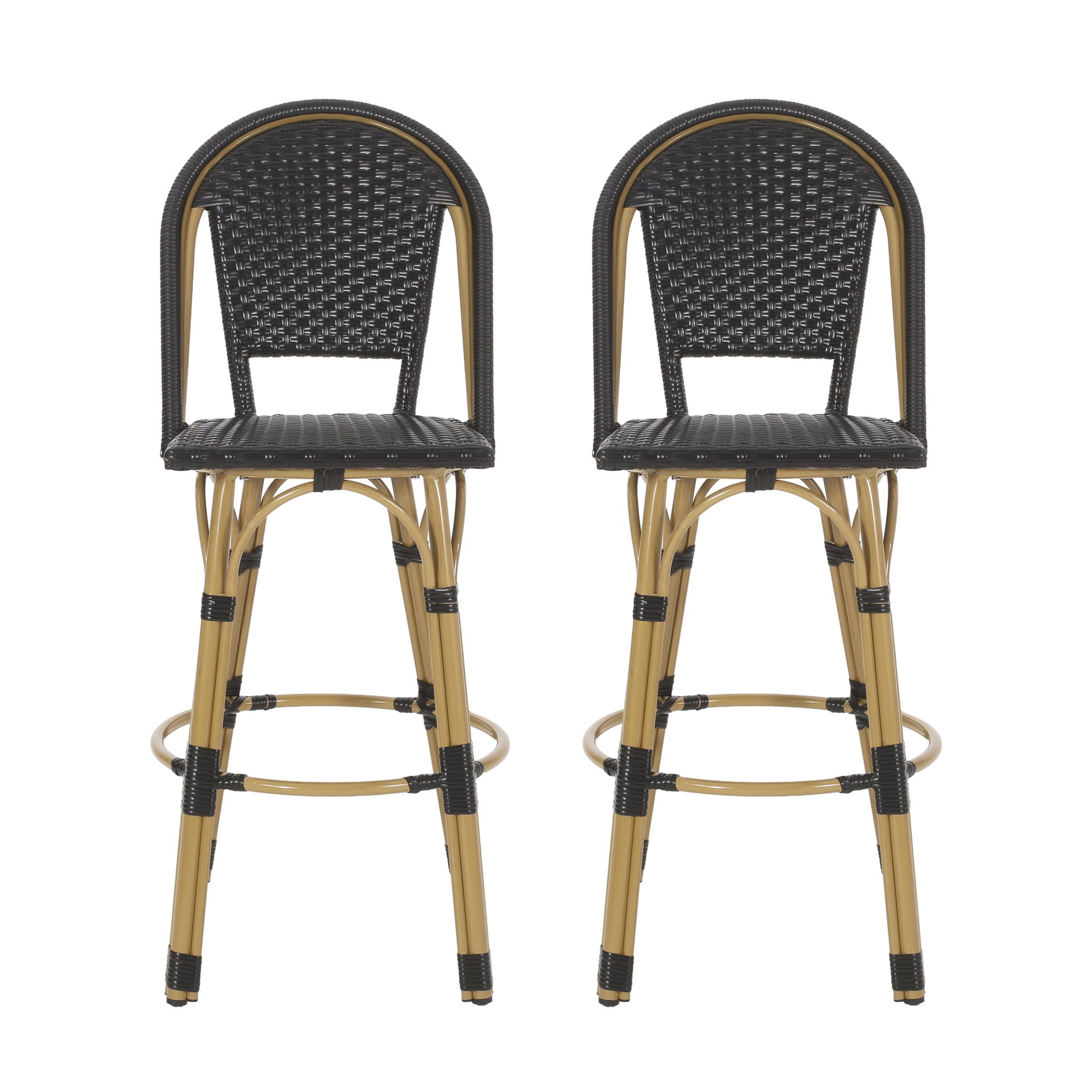 A set of two Outdoor Rattan And Aluminum French Barstools with woven black seats, tan bamboo-style legs, and round footrests are placed side by side against a white background.