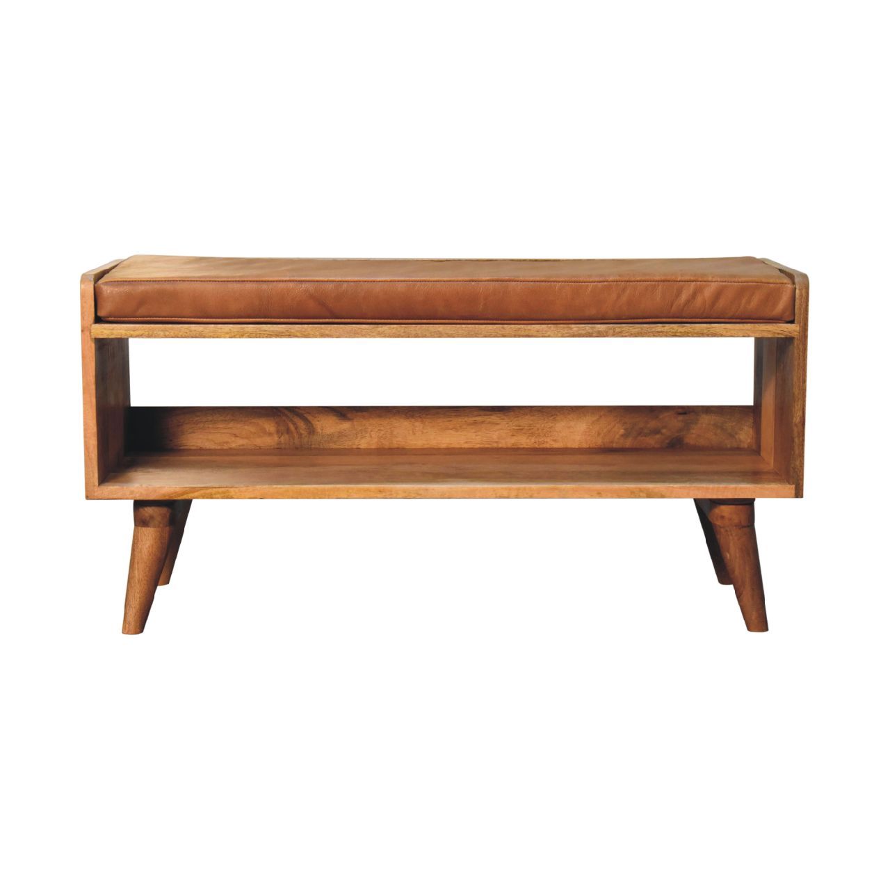 The Solid Wood Bench With Upholstered Seat features angled legs, an open lower storage shelf, a cushioned seat on top, and a natural wood finish in a minimalist mid-century modern style.