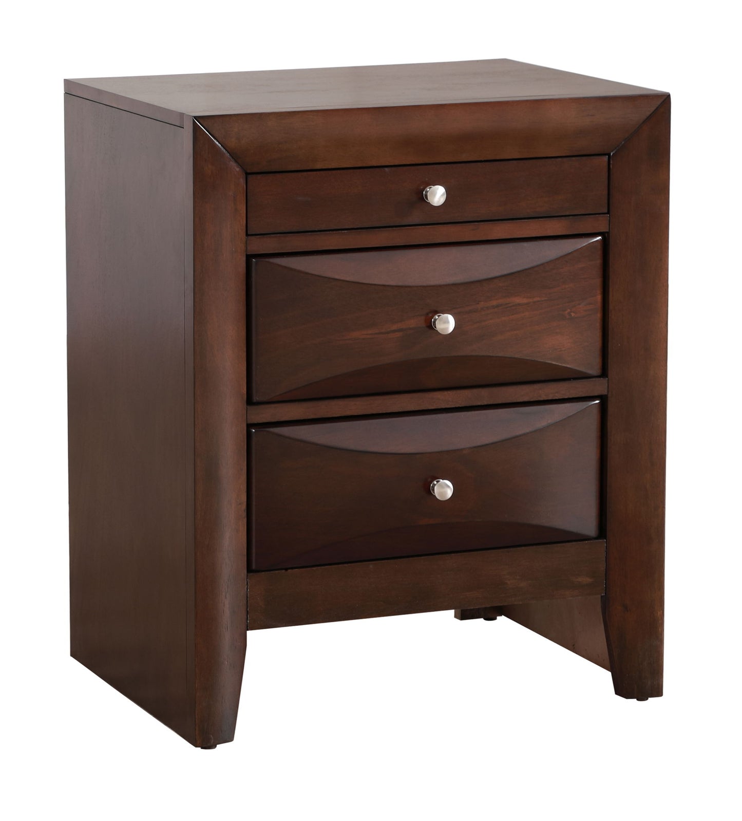 The Marilla Nightstand is a dark wood piece with three drawers, each with silver knob handles. Its modern, simple design features clean lines and slightly tapered legs.