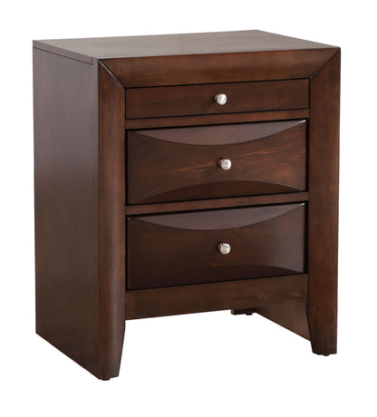 The Marilla Nightstand is a dark wood piece with three drawers, each with silver knob handles. Its modern, simple design features clean lines and slightly tapered legs.