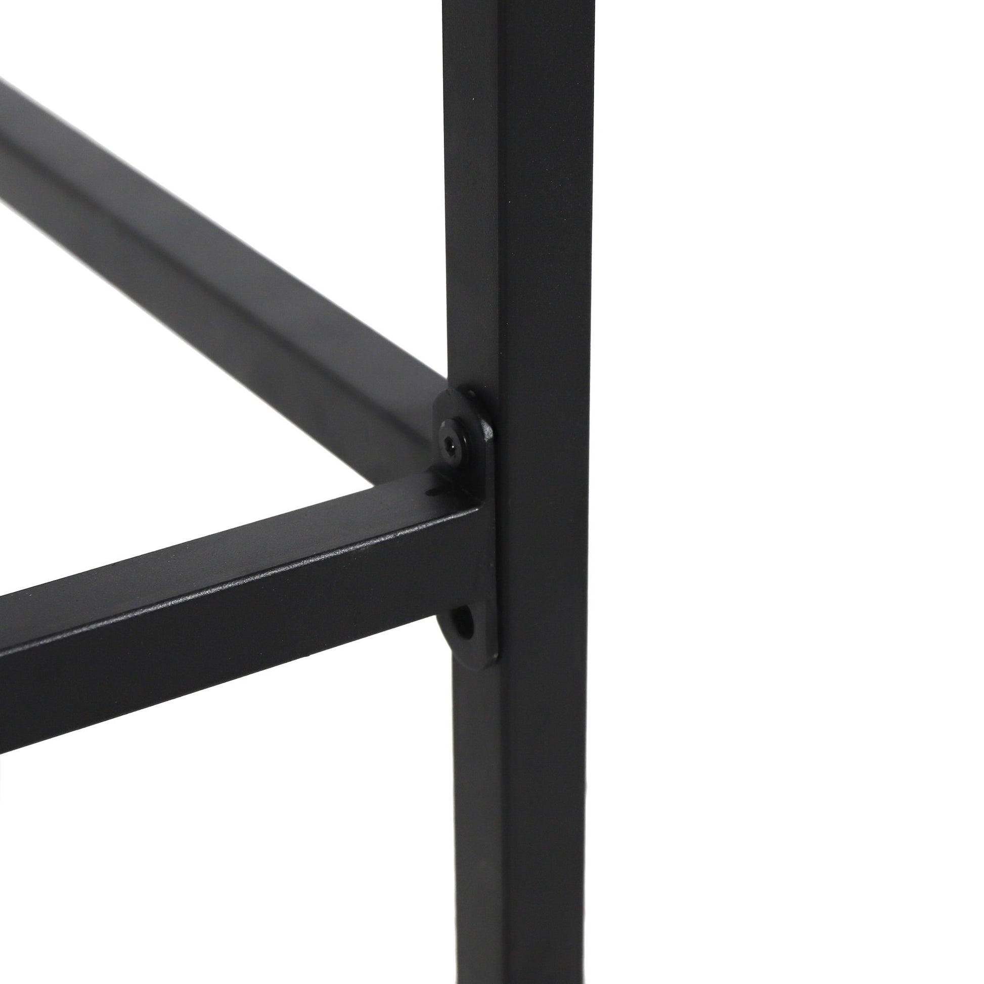 Close-up of the corner joint on the Outdoor Bar Stool With Slat Design And Metal Frame (Set of 2), showing black metal bars connected with screws.