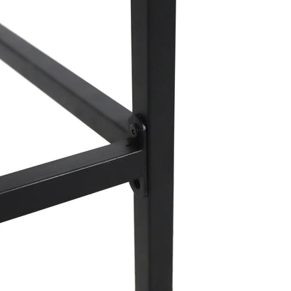 Close-up of the corner joint on the Outdoor Bar Stool With Slat Design And Metal Frame (Set of 2), showing black metal bars connected with screws.