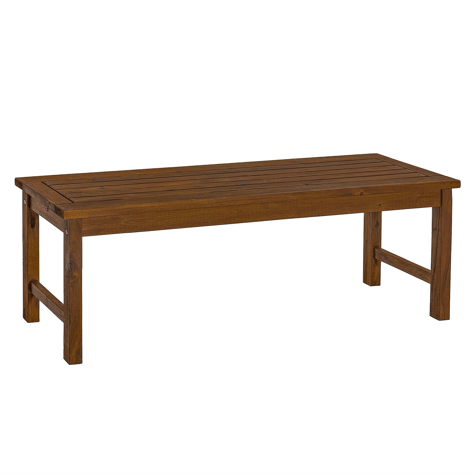 The Modern Slat Top Solid Wood Patio Bench features a rectangular slatted top, sturdy legs, and a medium brown finish. Its simple, rustic design is ideal for both indoor and outdoor use.
