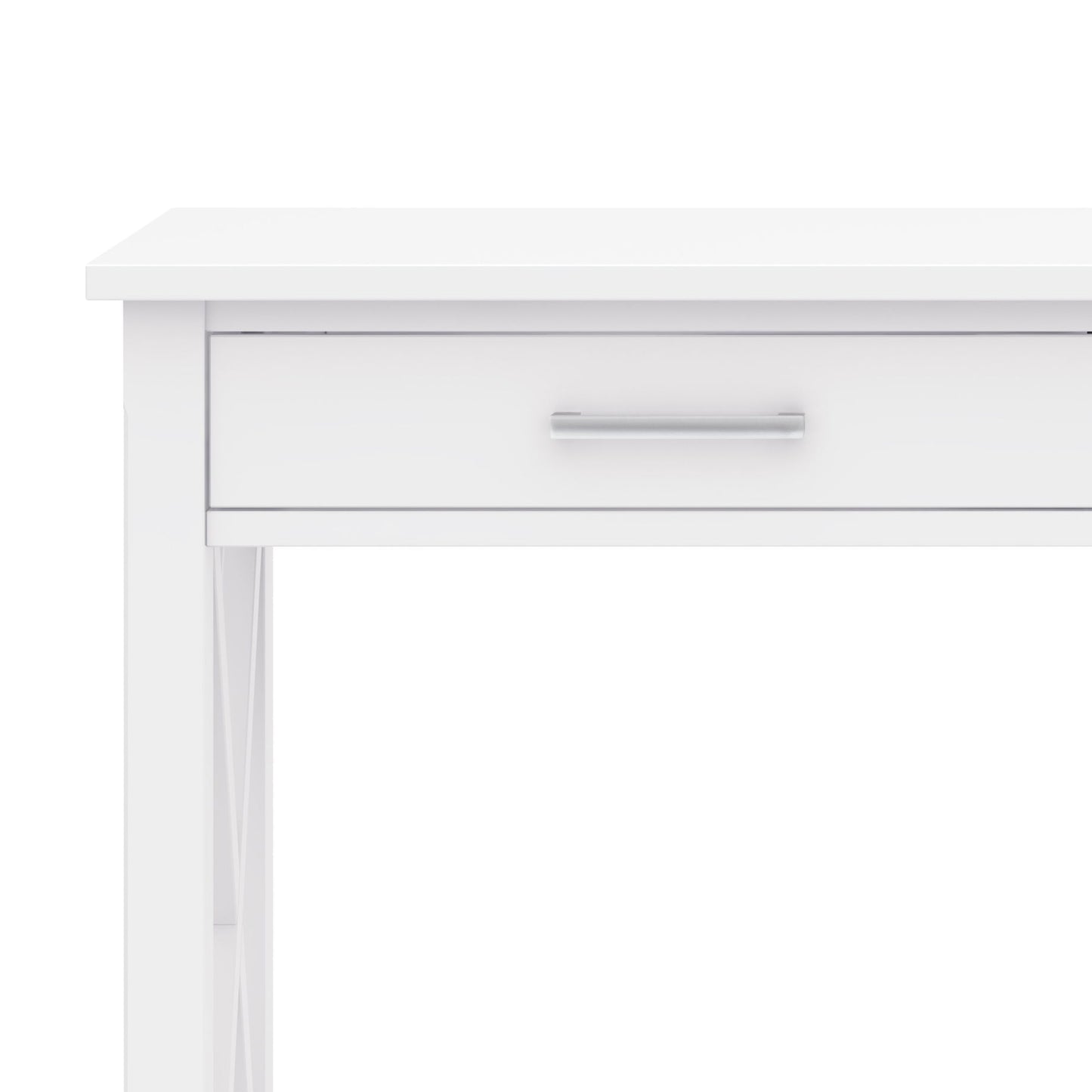 A close-up of the Kitchener - Handcrafted Table, showcasing its modern white finish and single drawer with a horizontal silver handle, focusing on the top and upper section of the table.