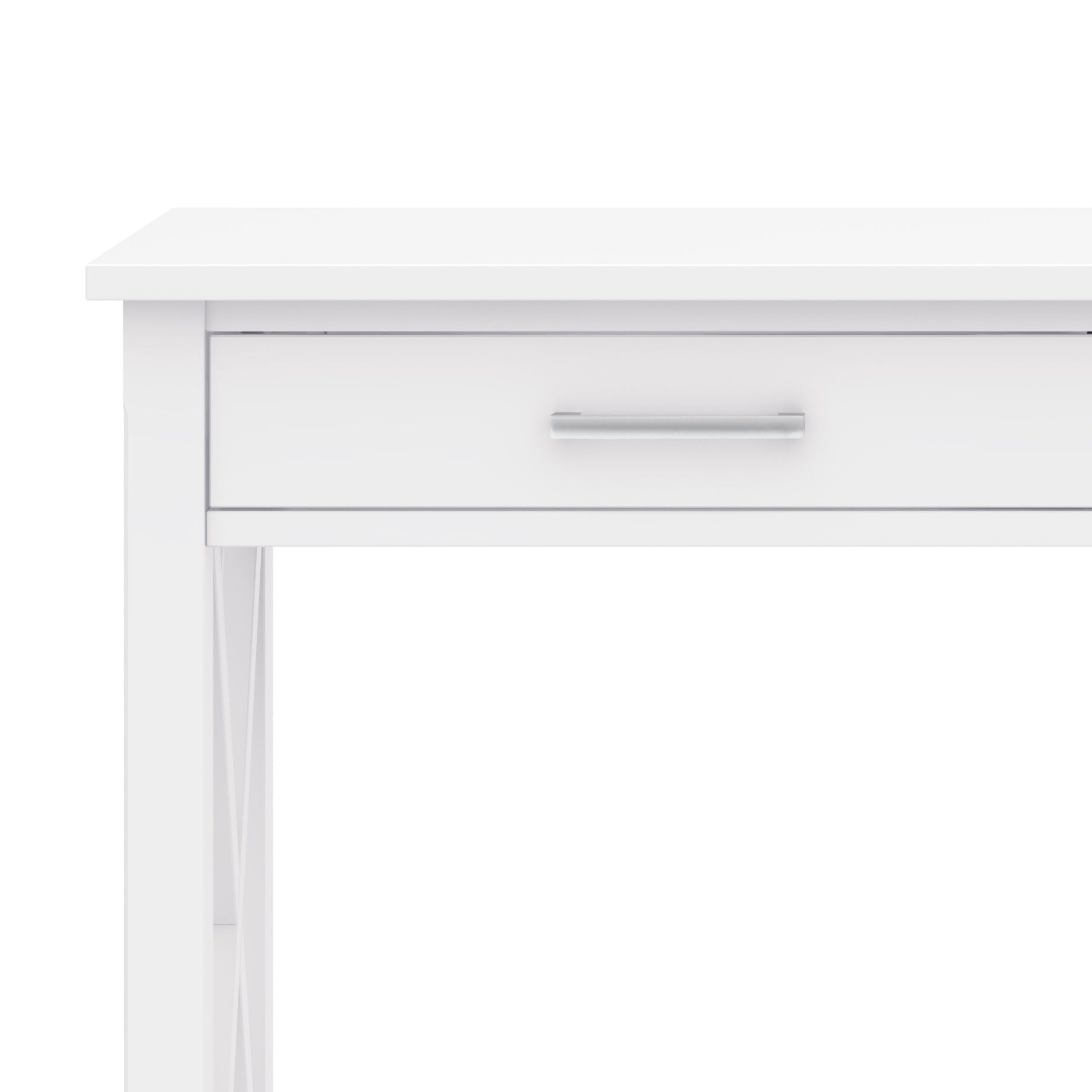 A close-up of the Kitchener - Handcrafted Table, showcasing its modern white finish and single drawer with a horizontal silver handle, focusing on the top and upper section of the table.